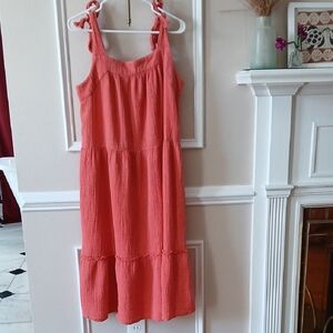 Coral Tiered Summer Dress with Tie Straps. All Cotton